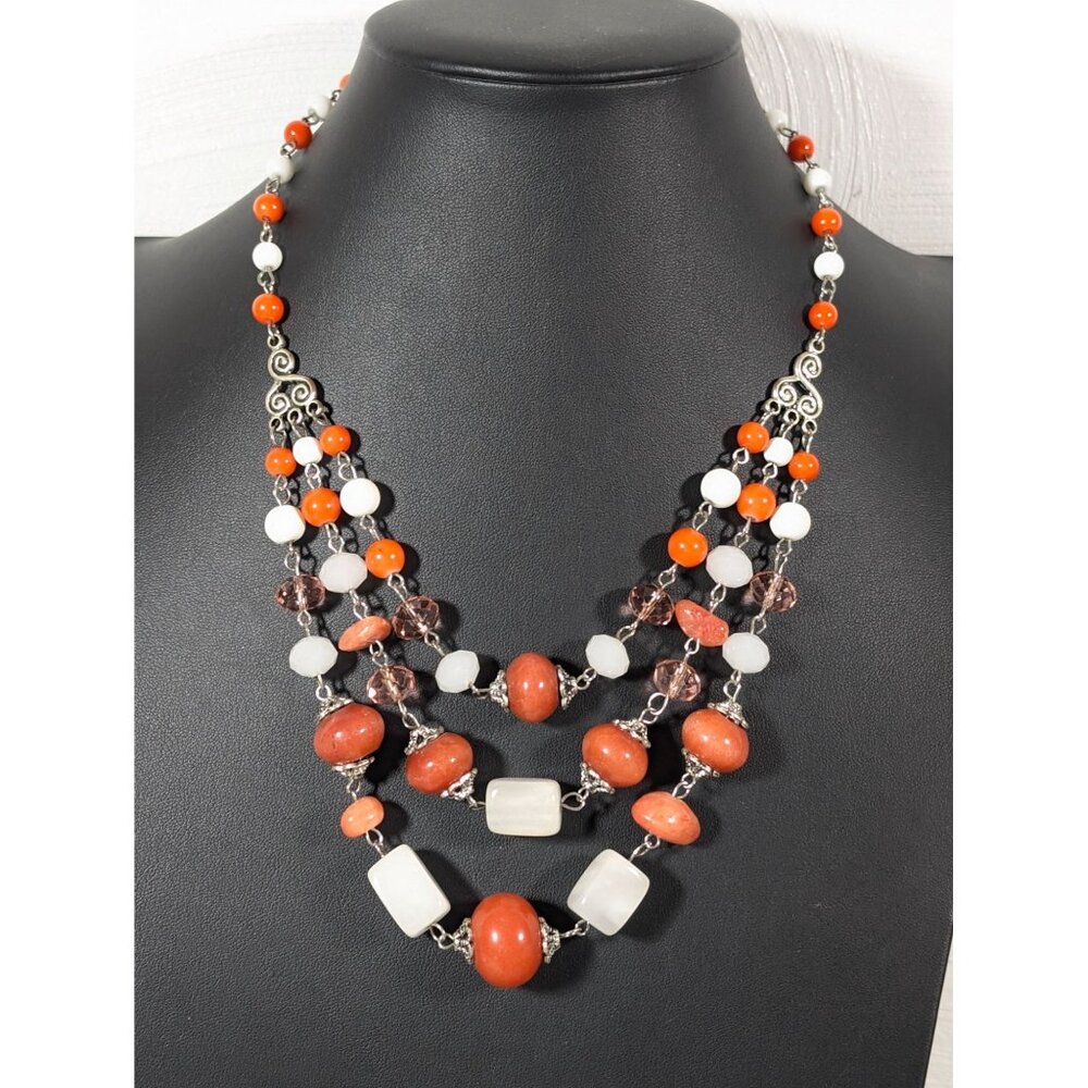 Boho Coastal Chic White Orange Brown Stone Layered Necklace 17"